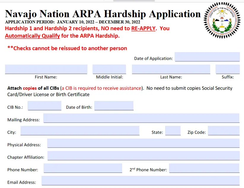 Navajo Nation Hardship Application