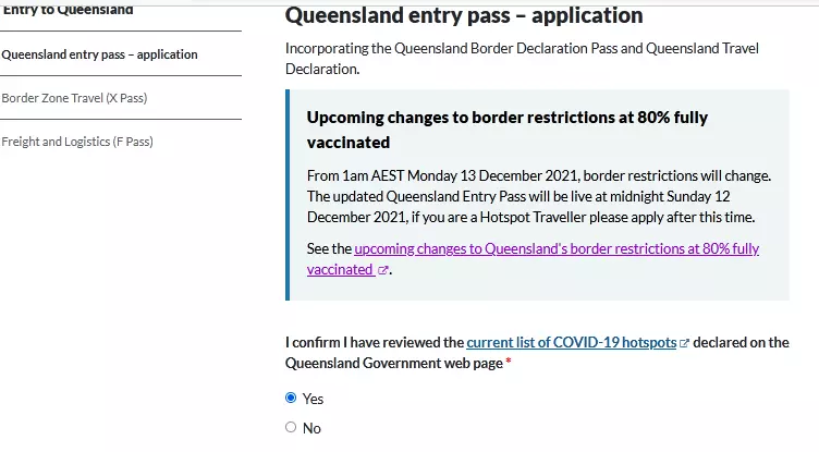 QLD border pass application