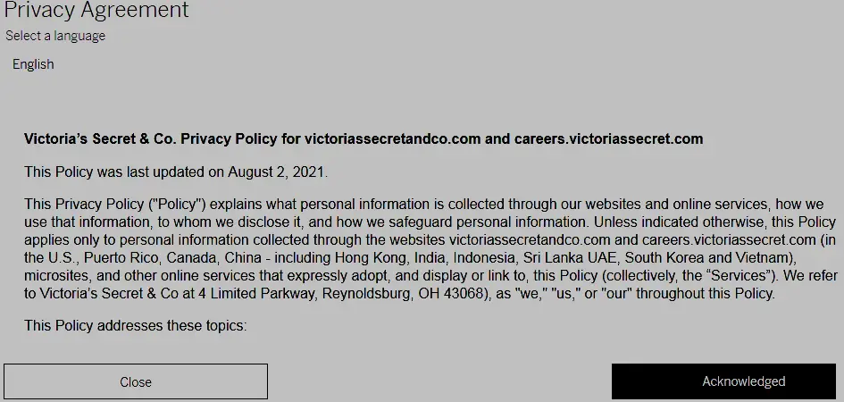 Victoria secret job application privacy